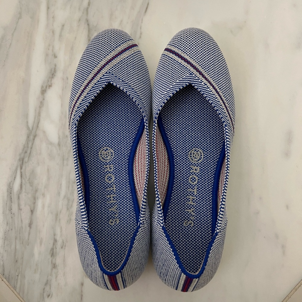 Rothy’s size 8 womens flats worn 3 times blue white pink excellent condition